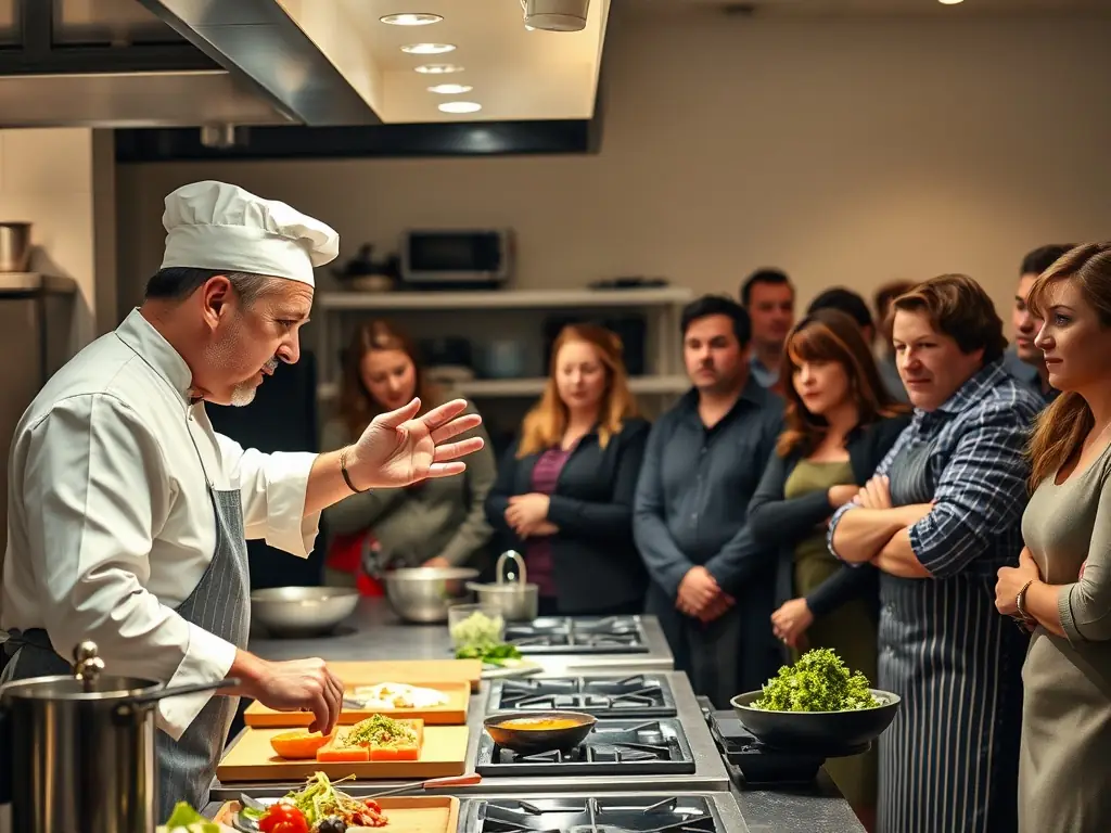 A vibrant image showcasing a cooking demonstration at the Jordan International Food Festival, with a guest chef interacting with attendees and preparing a dish.