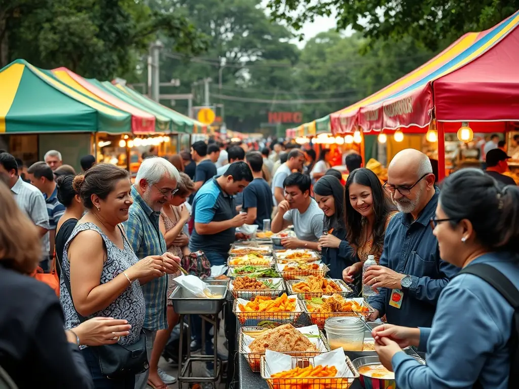 A lively image of attendees enjoying food tasting sessions at the Jordan International Food Festival, sampling dishes from various international cuisines.