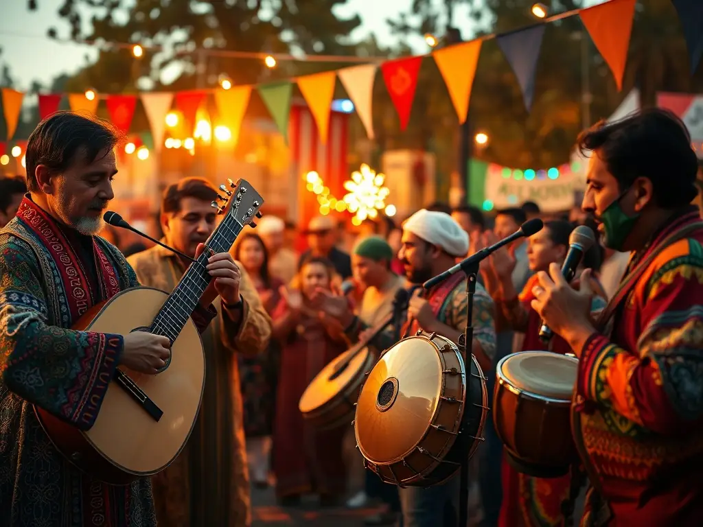 An engaging image of a cultural performance or musical act taking place at the Jordan International Food Festival, adding to the festive atmosphere.